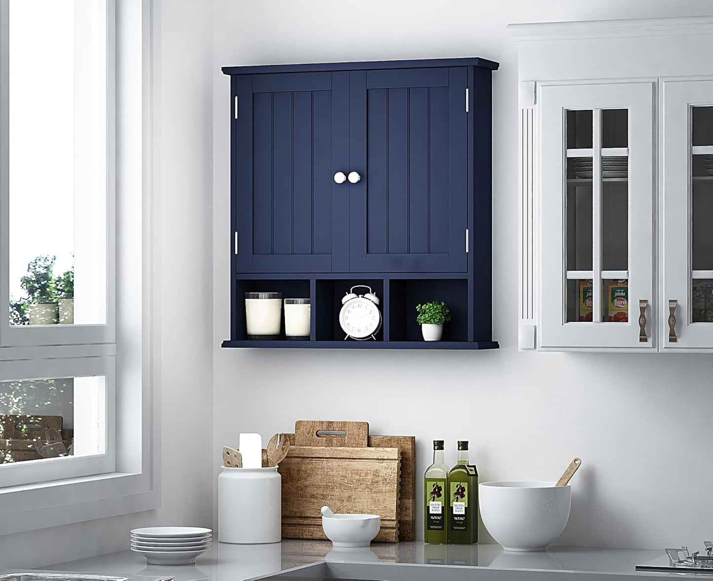 ChooChoo Bathroom Cabinet Wall Mounted 2-Door with 3 Open Shelves, Wooden Medicine Cabinets with Adjustable Shelf,Space Saver Storage Cabinets Over The Toilet for Bathroom&Living Room,Blue