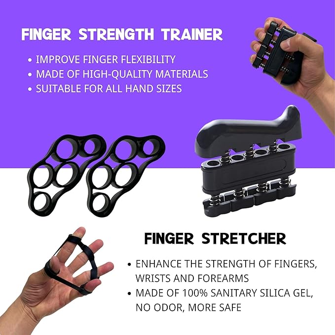Hand Grip Strengthener Workout Kit (8 Pack) Forearm Grip Adjustable Resistance Hand Gripper, Finger Stretcher, Finger Exerciser, Grip Ring,Gyro Ball