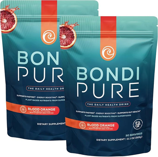 Bondi Pure - Daily Health & Detox Drink - Promote Gut Health & Energy Support During a Cleanse or Intermittent Fasting - Plant-Based Fibers, Alkalizing Super Greens - Blood Orange (2-Pack)
