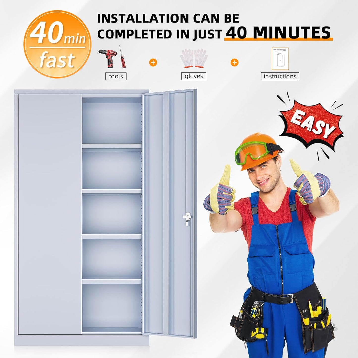 INTERGREAT Metal Storage Cabinets 72” Cement Grey Garage Steel Storage Cabinet with Doors and Shelves, Steel File Cabinet for Home Office, Basement, Warehouse, Classroom(Anti Tipping)