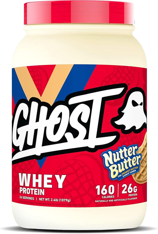 GHOST Whey Protein Powder, Nutter Butter - 2LB, 26G of Protein - Whey Protein Blend - Post Workout Fitness & Nutrition Shakes, Smoothies, Baking & Cooking - Cookie Pieces Inside