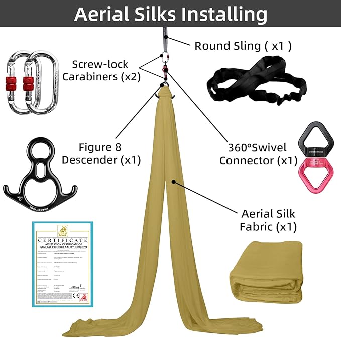 PRIOR FITNESS Aerial Silks Kit Colorful 9/15/20 Yards 40D Nylon Fabric Hammock Set With Hardware & Guide for All Levels Of Aerial Yoga Practice and Acrobatic Flying For Adults Aerial silk