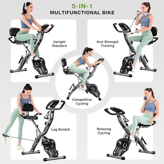 Exercise Bike, 5 in 1 Foldable Stationary Bike for Seniors, 16-Level Adjustable Magentic Resistance, Indoor Recumbent Bike with 330LB Capacity, Comfortable Seat Backrest