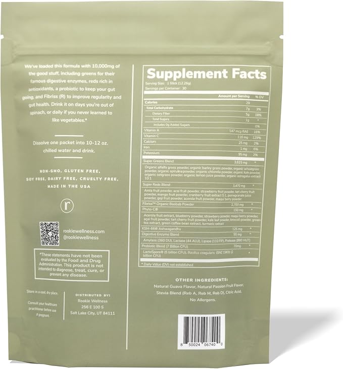 Rookie Wellness Greens + Superfoods - Greens Superfoods Powder Drink Made with Whole Food Sourced Ingredients Contains Vitamins, Probiotics, Antioxidants, and Baobab Fiber (30 Servings, Passion Guava)
