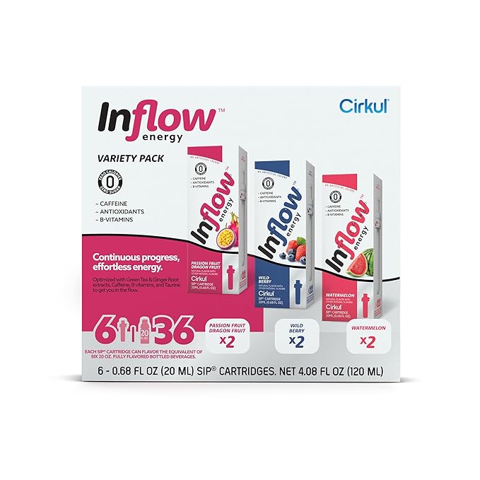 Cirkul Inflow Energy Flavor Cartridge Variety Pack with Caffeine, 6-Pack (2 Passion Fruit Dragon Fruit, 2 Wild Berry, 2 Watermelon), No Sugar, Zero Calorie Drink Mix