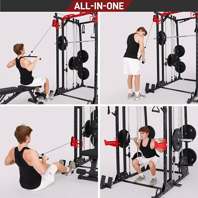 Smith Machine with LAT-Pull Down System & Cable Crossover Machine, 2000LBS Power Cage Rack for Garage Workout & Home Gym