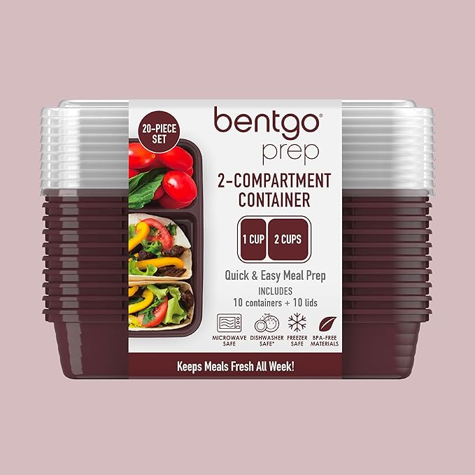Bentgo 20-Piece Lightweight, Durable, Reusable BPA-Free 2-Compartment Containers - Microwave, Freezer, Dishwasher Safe - Burgundy