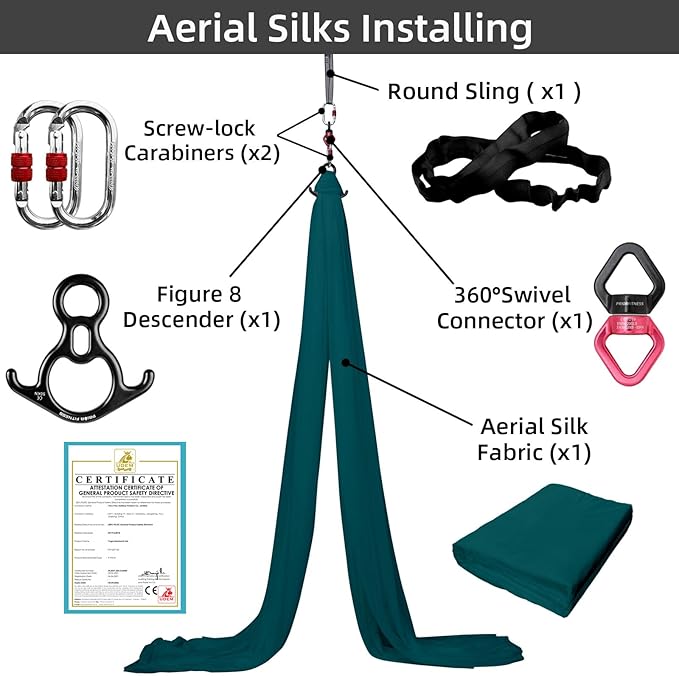 PRIOR FITNESS Aerial Silks Kit Colorful 9/15/20 Yards 40D Nylon Fabric Hammock Set With Hardware & Guide for All Levels Of Aerial Yoga Practice and Acrobatic Flying For Adults Aerial silk