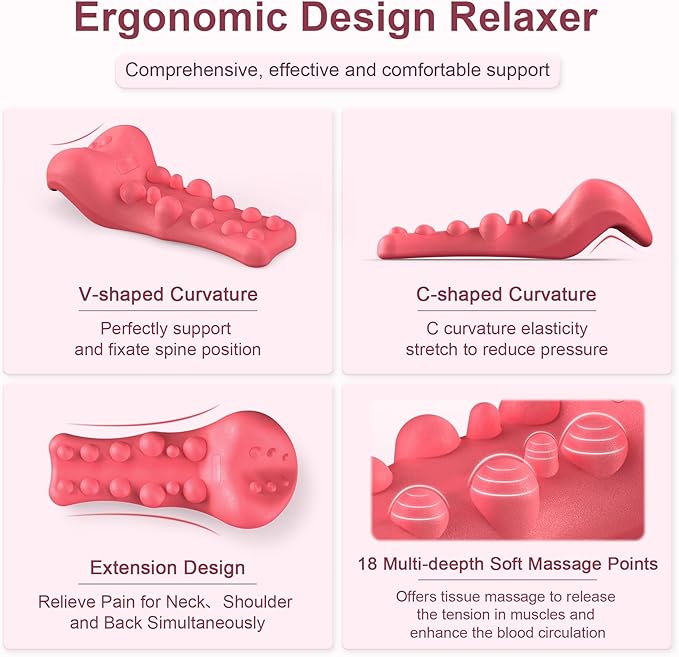 Neck and Shoulder Relaxer with Upper Back Massage Point, Cervical Traction Device Neck Stretcher for TMJ Pain Relief and Cervical Spine Alignment Chiropractic Pillow (Dark Pink)