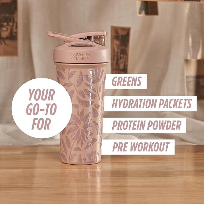 BlenderBottle Strada Flip Shaker Cup Insulated Stainless Steel Water Bottle with Wire Whisk, 25-Ounce, Brown Flowers