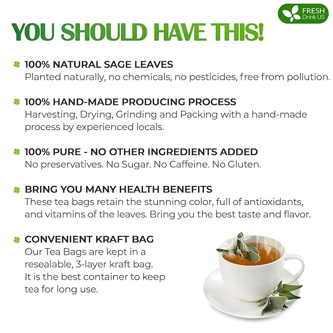 FreshDrinkUS, Premium 35 Sage Leaf Tea Bags, 100% Natural & Pure from Sage Leaves. Loose Leaf Sage Herbal Tea. Made with Natural Material Tea Bags. No Sugar, No Caffeine, No Gluten, Vegan.