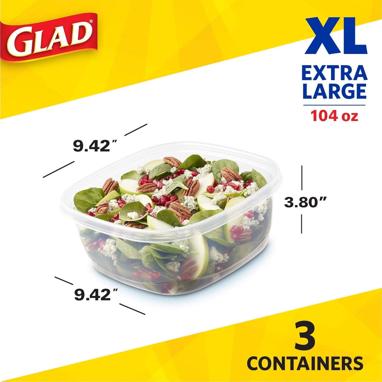 Glad Family Size Food Storage Containers, XL Square (104 Oz) - 3 Count, Standard