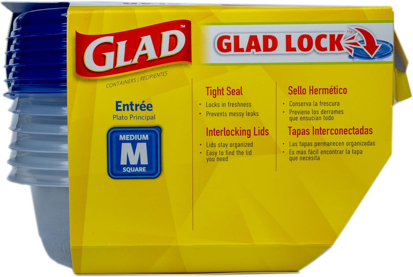 Glad GladWare Entrée Food Storage Containers, Medium Square - Meal Container Holds up to 25 Ounces of Food - Lock Tight Seal, 5 Count - 2 Pack