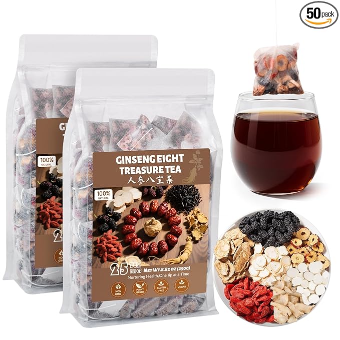 Goji Berries Ginseng Kidney Tea Formula Ginseng Eight Treasure Tea 8 Natural Ingredient Kidney Cleanse Detox & Repair for Women & Men Caffeine-Free 50 Count (Pack of 2)