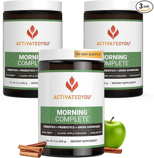 ACTIVATEDYOU Morning Complete Daily Wellness Greens Superfood Drink Mix for Gut Health w/Prebiotics, Probiotics, Antioxidants, Green Superfoods, 10 Billion CFUs (3 Pack, Apple Cinnamon)
