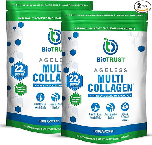 BioTrust Ageless Multi Collagen Protein Powder – 5 Collagen Types (I, II, III, V, X) for Hair, Skin, Nails & Joints – Grass Fed Beef, Sustainable Fish, Chicken & Eggshell Membrane (Unflavored, 2 Pack)