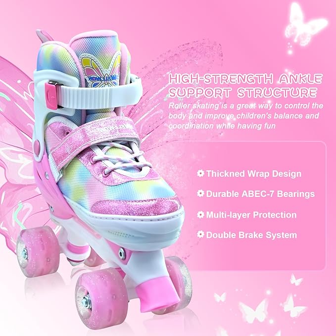 Kids Roller Skates for Girls-Outdoor 4 Size Adjustable Butterfly Quad Rollerskates for Indoor Ages 3-12 Years Beginners Children's Birthday Gift with Light Up Wheels patines para niñas Indoor