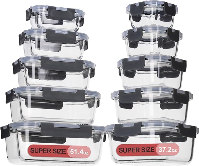 Glass Food Storage Containers with Lids Airtight, Glass Meal Prep Containers for Lunch, Glass Container Set, BPA Free(20 Pieces)