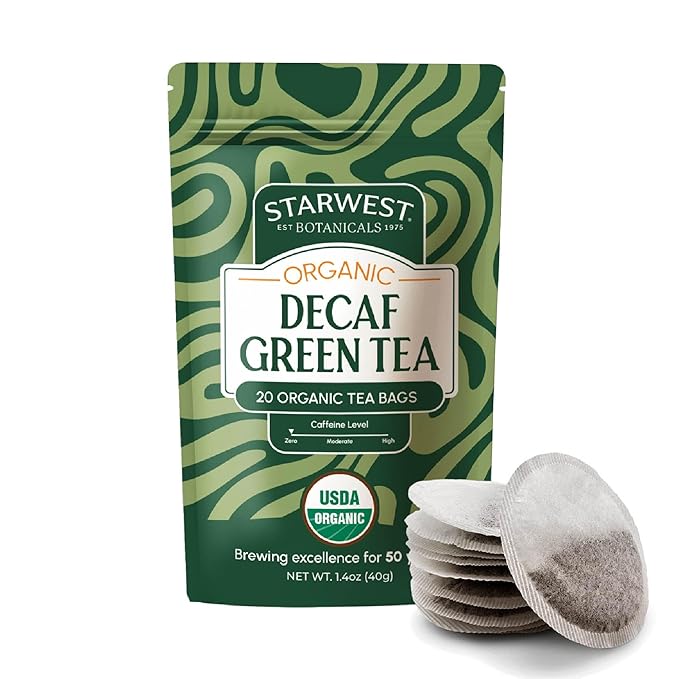 Starwest Botanicals Organic Decaf Green Tea - Decaffeinated Herbal Tea, Caffeine Free Tea with Antioxidant Properties, String Free Sachets, USDA Organic Green Tea Leaf, Non GMO - 20 Tea Bags