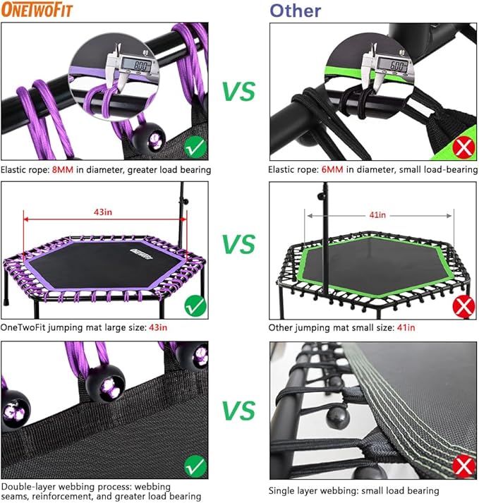 ONETWOFIT 48" Silent Mini Trampoline with Adjustable Handle Bar Fitness Trampoline Bungee Rebounder Jumping Cardio Trainer Workout for Adults