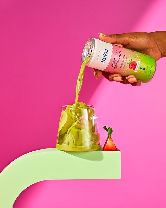 Taika Strawberry Matcha Latte - Ready to Drink Hot & Cold Brew Strawberry Matcha Latte in Cans - Organic Ceremonial Grade Matcha w/Ashwagandha, Lions Mane, & L-Theanine - 8 Fl Oz (Pack of 12) (8 Fl Oz (Pack of 12), Strawberry Matcha Latte)