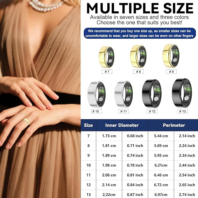 Smart Rings for Women Men,Fitness Tracker Ring,Heart Rate,Blood Oxygen,Blood Pressure,Step Tracker,Sleep Monitoring,No Subscription Fee,IP68 Waterproof Smart Ring for iphone&Android(Gold 13)
