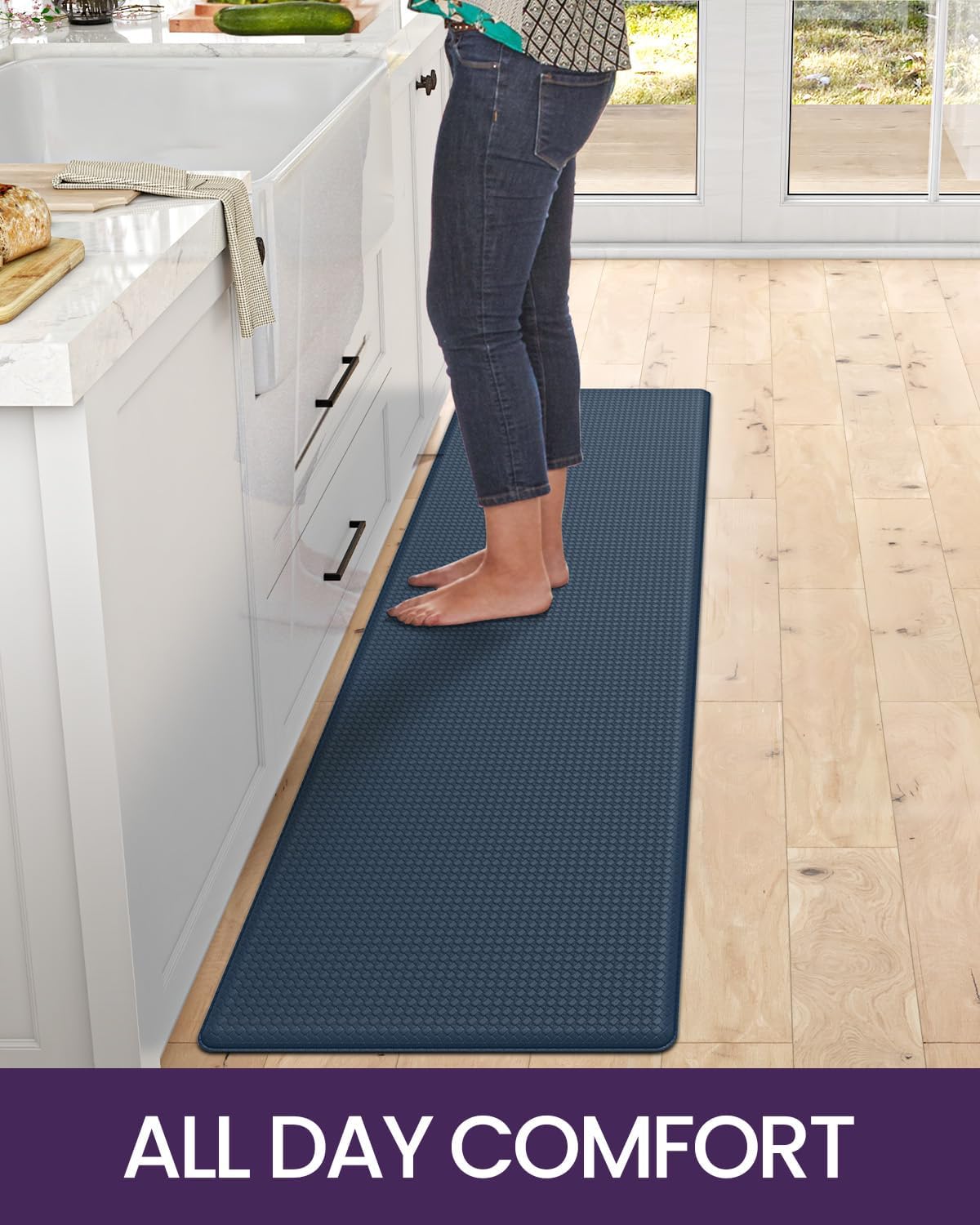 DEXI Kitchen Floor Mats Cushioned Anti Fatigue, 17x95, Long Standing Runner Rug Waterproof, Comfort Memory Foam Padded for Front Sink Laundry, Navy