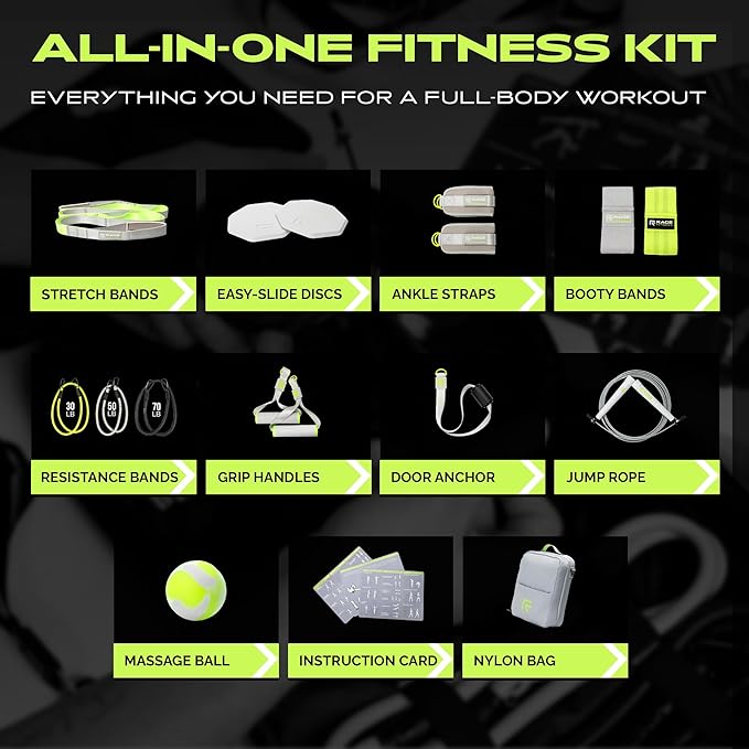 Ex Kit Home Gym Equipment with Carry Bag - 10Pcs Resistance Bands Kit with Handles, Door Anchor, Jump Rope, Booty Bands & More – Full Body Workout Bands Set for Strength, Cardio & Flexibility