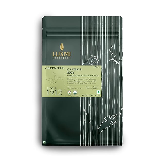 Luxmi Estates Citrus Sky Lemongrass Ginger Green Tea 200g Loose Leaf Pack | Certified Organic Darjeeling Green Tea | Citrus Flavor & Aroma | Natural Lemon Balm Tea - Calming, Supports Digestion | Lemon Grass Leaves | 100 Cups