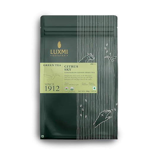 Luxmi Estates Citrus Sky Lemongrass Ginger Green Tea 200g Loose Leaf Pack | Certified Organic Darjeeling Green Tea | Citrus Flavor & Aroma | Natural Lemon Balm Tea - Calming, Supports Digestion | Lemon Grass Leaves | 100 Cups