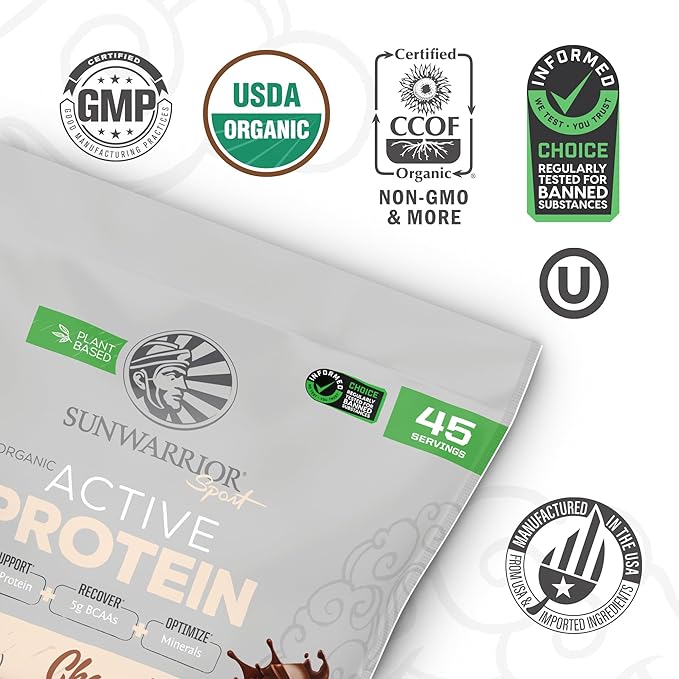 Sunwarrior Organic Plant Based Protein Powder | Vegan Organic Protein Powder with BCAA Amino Acids Plus Recovery Minerals & Botanicals | Non-GMO Soy Dairy & Gluten Free (Chocolate, 45 Servings)