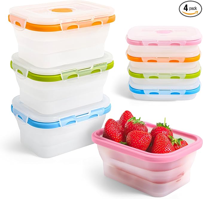 Small Collapsible Silicone Containers, Perfect for Snacks, Travel, Space-Saving Storage, Set of 4