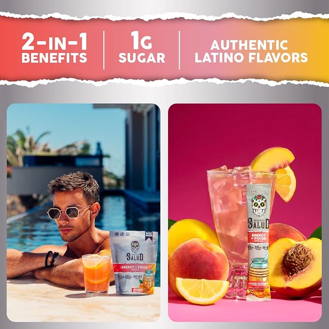 Salud 2-in-1 Energy Drink Powder + Focus, Peach Lemonade, Organic Caffeine, B6 + B12, Theanine, Clean Energy Drink Packets, Agua Fresca Mix, Non-GMO, Gluten Free, Vegan, 1g of Sugar, (15 Servings)