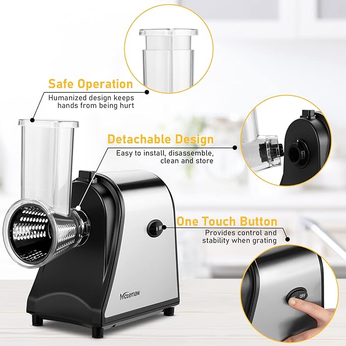 Homdox 250W Electric Cheese Grater, Electric Slicer Shredder, Salad Maker Electric Grater Electric Cheese Grater/Shredder with 5 Free Attachments, Ivory