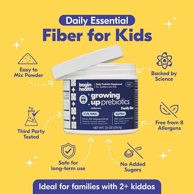 Begin Health Growing Up Prebiotics for Kids 56-Packs | Prebiotic Soluble Powder Stool Softeners and Digestive Gut Health Supplement | Ideal to Mix with Kids Daily Beverages and Soft Foods - Unflavored