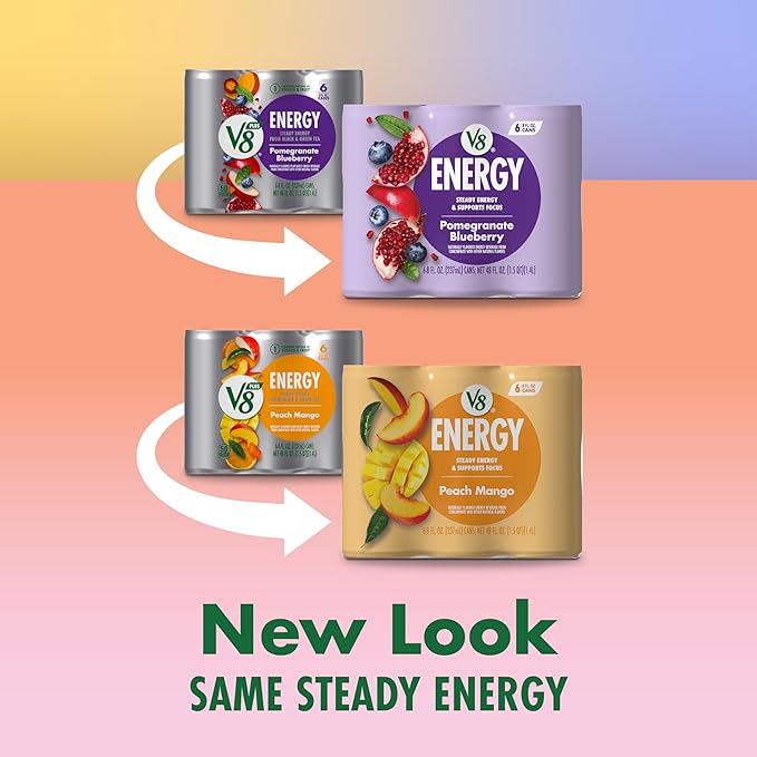 V8 Energy Pomegranate Blueberry and Peach Mango Energy Drinks, 8 fl oz Can (24 Pack)