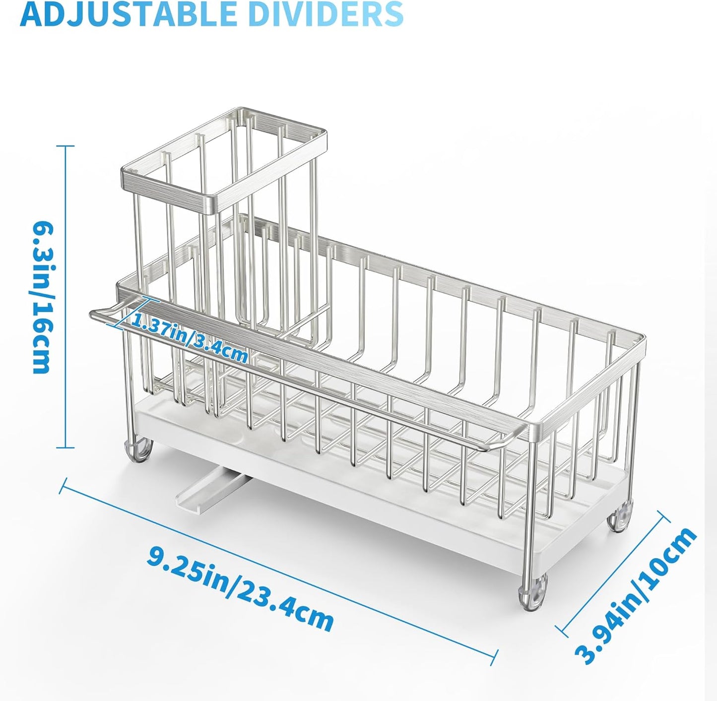 Cisily Stainless Steel Sponge Holder for Kitchen Sink with Towel Rack, Sink Caddy with Kitchen High Brush Holder, Organzier Rustproof 304 Stainless Steel Dish Organizer Divider, Soap Dispenser Storage