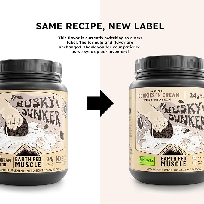 Earth Fed Muscle Husky Dunker Cookies N' Cream Truly Grass Fed Whey Protein Powder - No Artificial Ingredients, Soy Free, Non-GMO and Hormone Free (2 Pound, 27 Servings, Cookies n' Cream)
