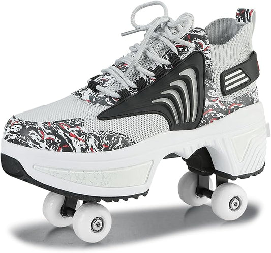 Roller Skate Shoes for Women Four Rounds Children's Roller Skates Shoes That Turn into Rollerskates Sneakers Outdoor Light Shoes with Wheels for Girls/Boys