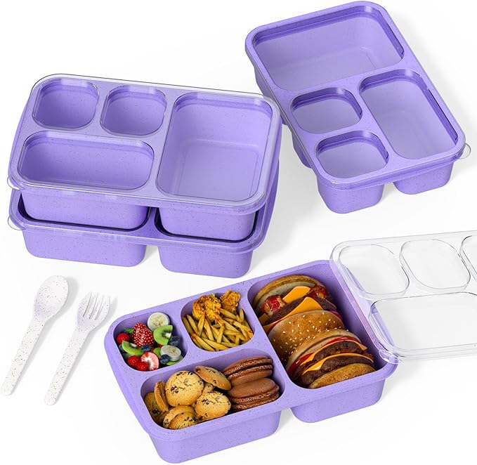 Large Capacity Bento Box for Adults, 4-Piece Set – Stackable Lunch Box with 4 Compartments, Microwave & Dishwasher Safe, Reusable Meal Prep Containers, Snack Containers for Kids & Adults (Purple)