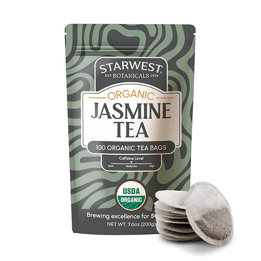 Starwest Botanicals Organic Jasmine Tea - Caffeinated Herbal Blend, Green Tea Scented with Natural Jasmine Flowers, Fragrant & Uplifting, Enjoy Hot or Iced, USDA Organic - Bulk Pack, 100 Tea Bags