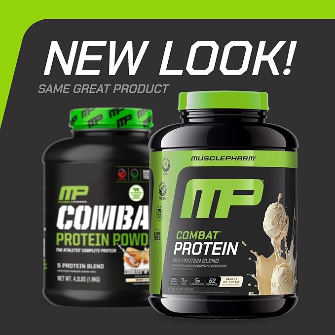 MusclePharm Combat Protein Powder, Vanilla Flavor, Fuels Muscles for Productive Workouts, 5 Protein Sources including Whey Protein Isolate & Egg Albumin, Gluten Free, 4 lb, 52 Servings