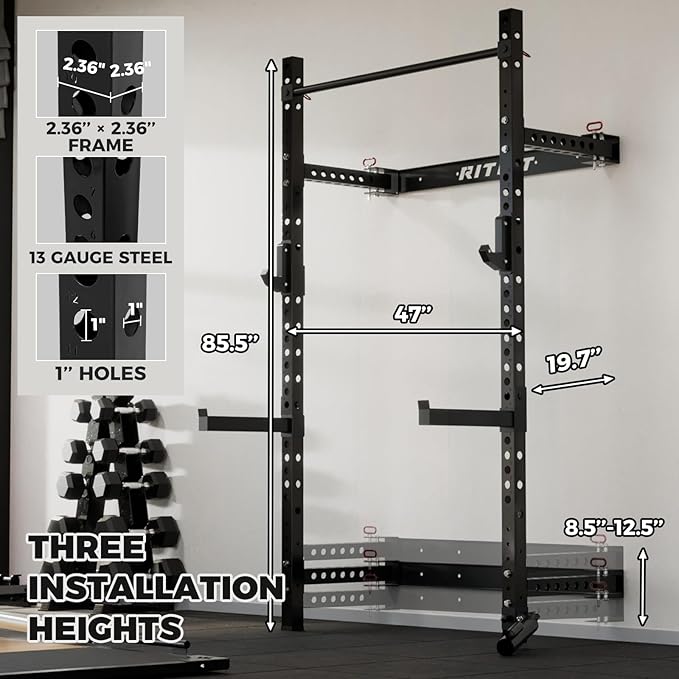 RitFit Multi-Functional Folding Squat Rack for Home Gym, 2.36'' x 2.36'' Wall Mounted Squat Rack with Attachments - Space Saving Squat Power Rack