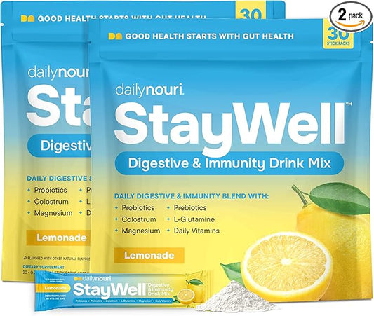 Nouri Daily StayWell Digestive & Immunity Drink Mix | Supports Gut Health, Digestion, Immunity & Energy | Probiotics, Prebiotics, Colostrum & Daily Vitamins | 30 Stick Packs