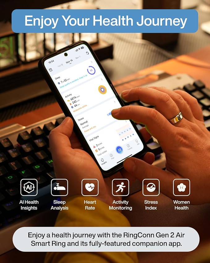 RingConn Gen 2 Air, Ultra-Thin AI Smart Ring, 10-Day Battery Life, Fitness/Sleep/Stress/HR Tracker for Women&Men, No App Fee for Standard Features, iOS & Android Compatible (Size 7, Dune Gold)