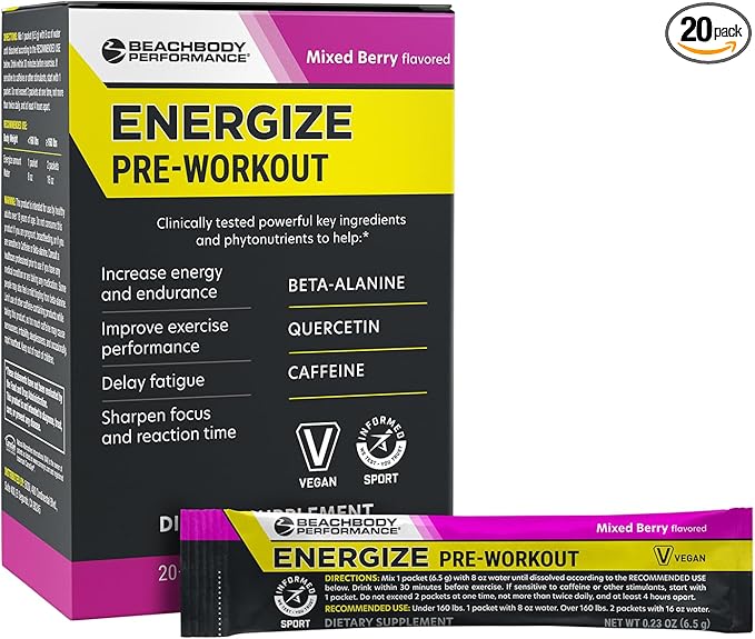 BODi Energize Pre Workout Powder - Beta-Alanine, Quercetin & Low-Dose Caffeine Formula for Enhanced Energy & Focus, Increase Energy & Endurance Supplement, Mixed Berry, 20 Sticks