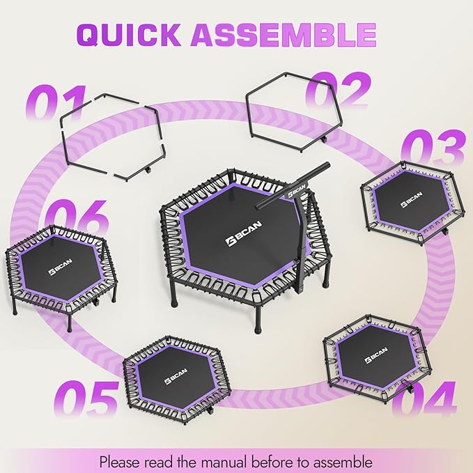 BCAN 51" Mini Hexagon Trampoline, Max Load 450 LBS Fitness Trampoline with T-Adjustable Handle Bar, Silent Bungees, Larger, More Stable, Quieter Exercise Rebounder for Adults Indoor/Garden Workout