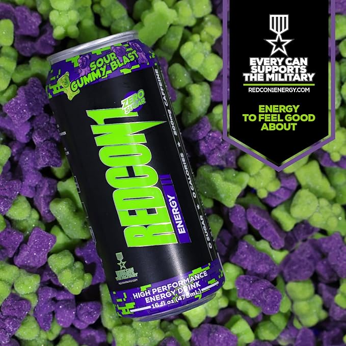REDCON1 Energy High Performance Drink, Sour Gummy Blast - Zero Sugar Energy Drink with Alpha GPC Nootropic - 200mg Natural Caffeine from Green Coffee Beans - Vitamin B6, B12 & B5 to Boost Mood (12 ct)