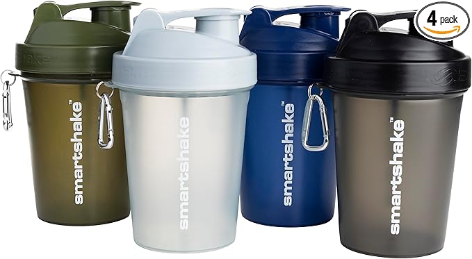 Smartshake Lite 4-Pack Protein Shaker Bottle 400 ml | 13.5 oz - Leakproof Screw-on Lid - BPA Free – Unisex - Mist Grey, Army Green, Black, Navy Blue