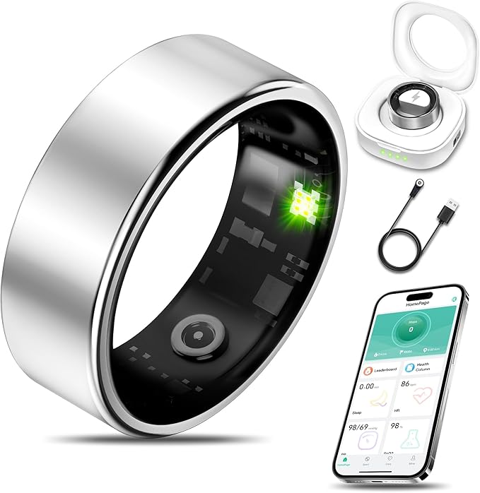 Smart Health Ring for Women Men Fitness Tracker with Heart Rate, Blood Oxygen, Blood Pressure, Sleep Monitoring, Step Counting, IP68 Waterproof for iPhone and Android, No APP Fee, Silver 6
